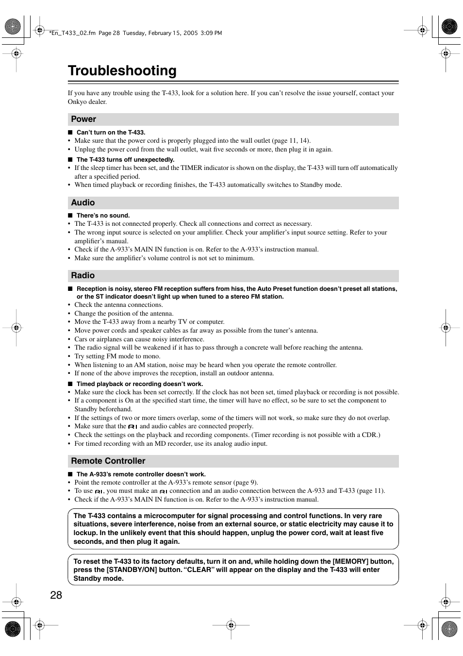 Troubleshooting | Onkyo T-433 User Manual | Page 28 / 32