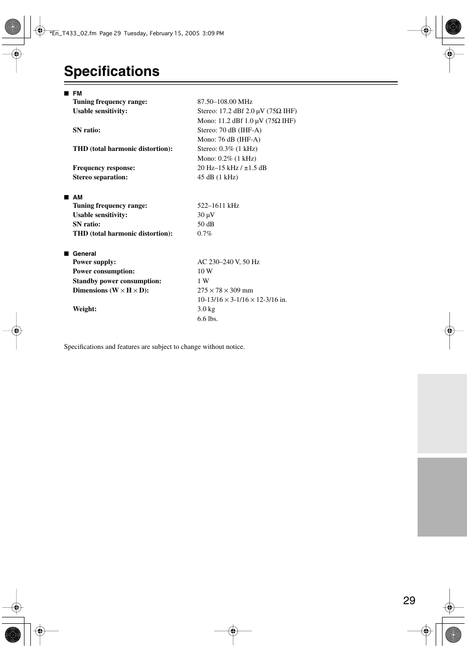 Specifications | Onkyo T-433 User Manual | Page 29 / 32