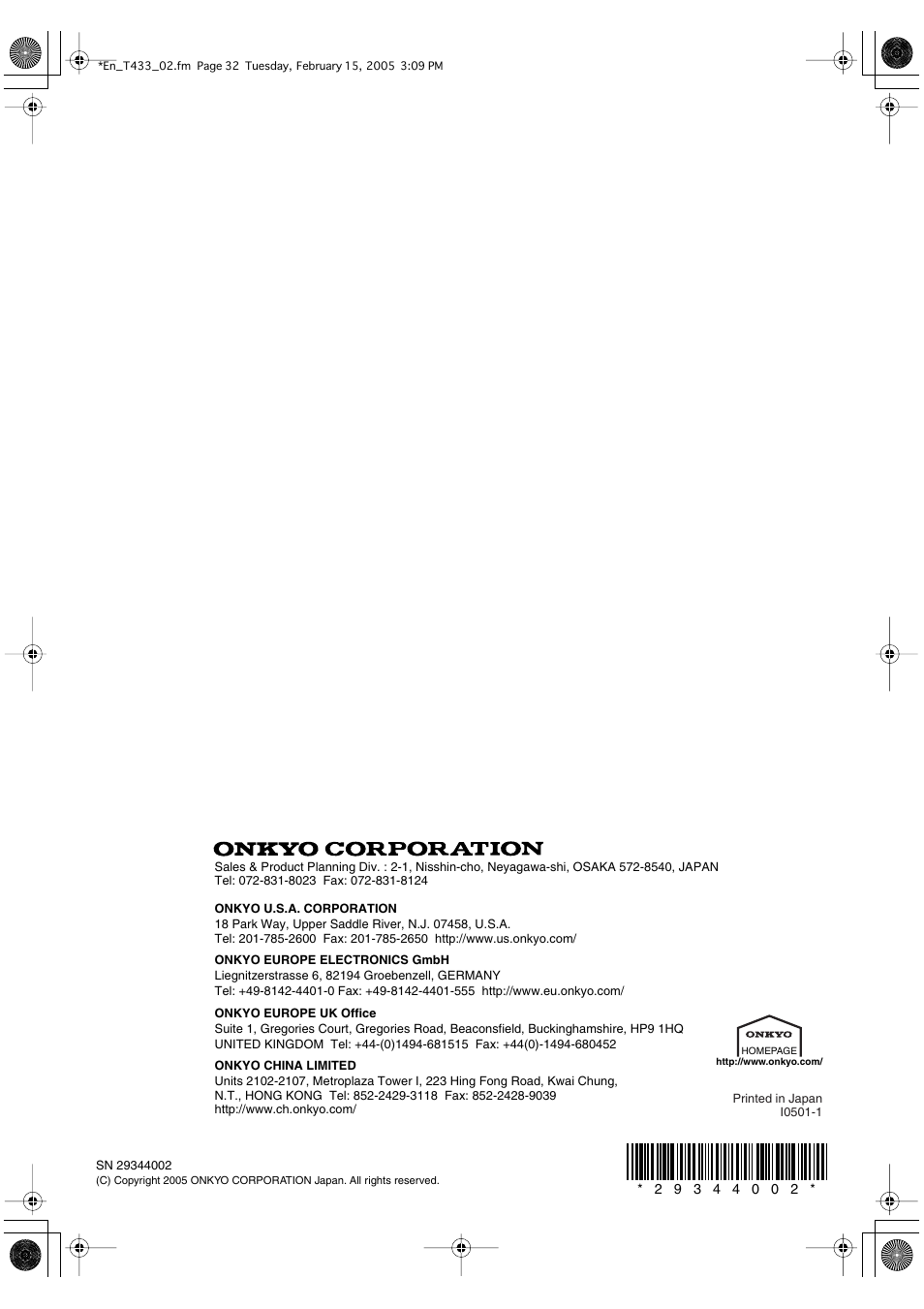 Onkyo T-433 User Manual | Page 32 / 32