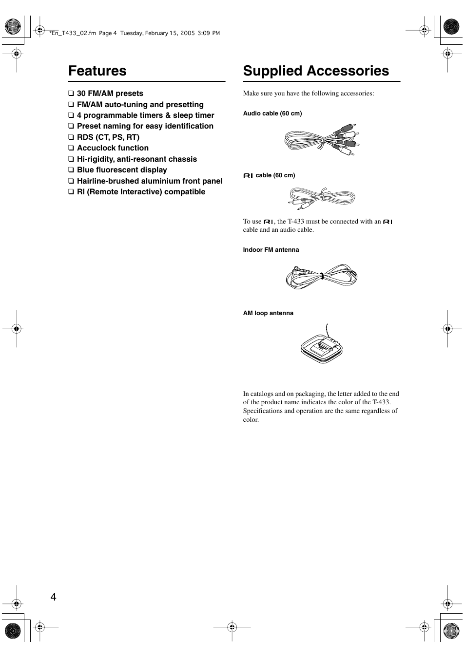 Features, Supplied accessories | Onkyo T-433 User Manual | Page 4 / 32