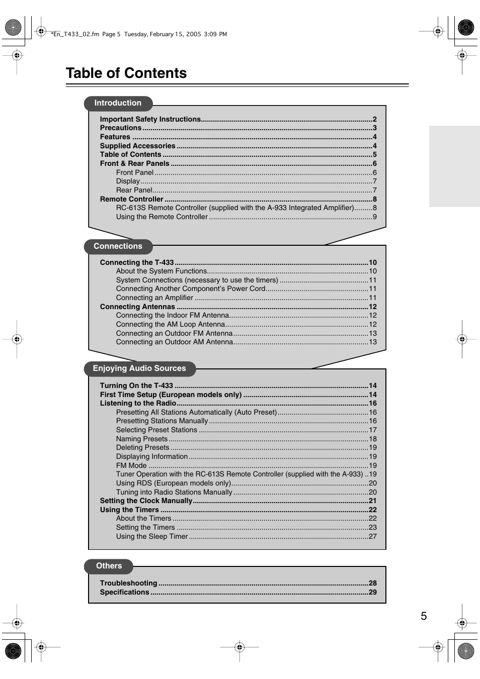 Onkyo T-433 User Manual | Page 5 / 32