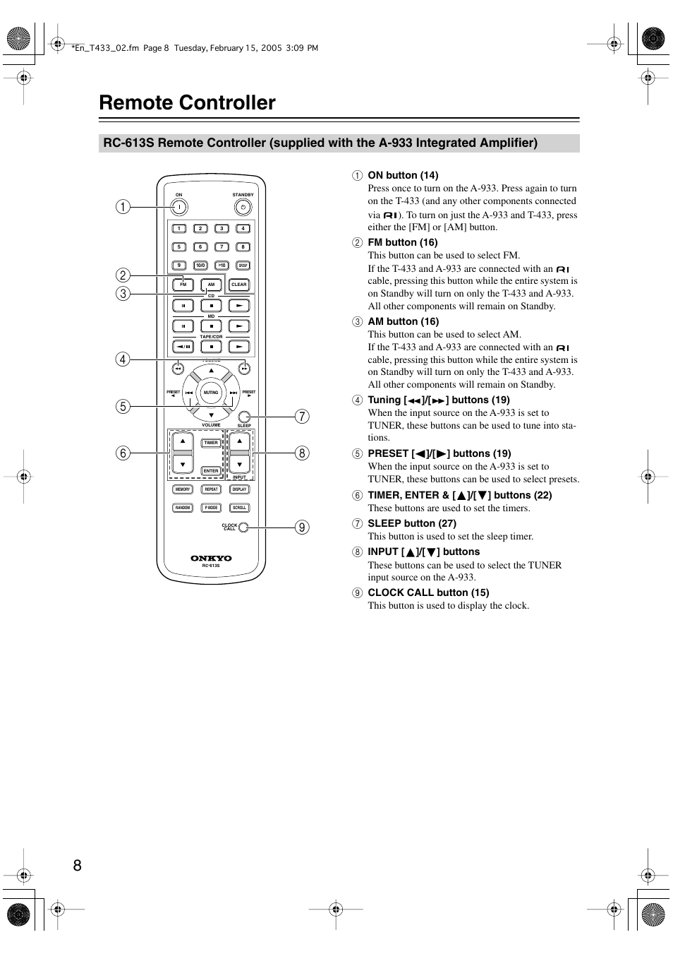 Remote controller | Onkyo T-433 User Manual | Page 8 / 32