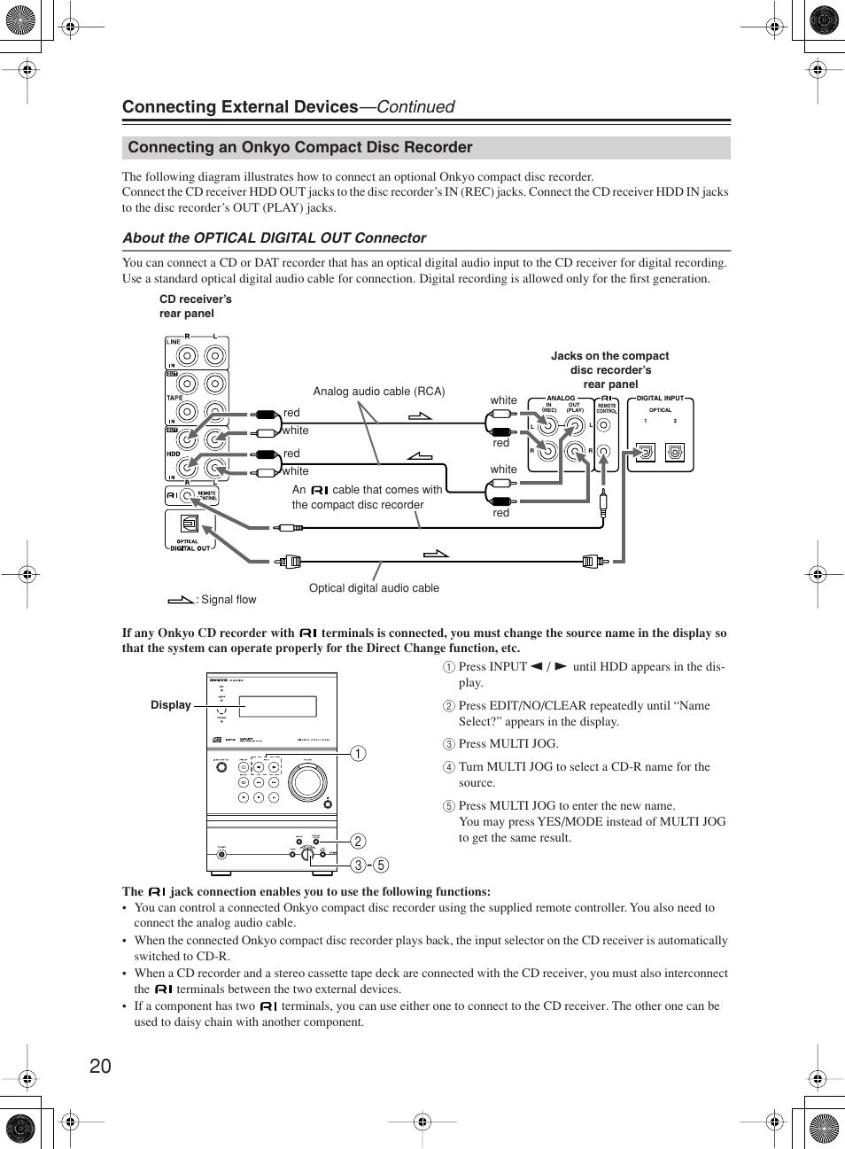 Connecting external devices —continued, Connecting an onkyo compact disc recorder | Onkyo CR-B8 User Manual | Page 20 / 56