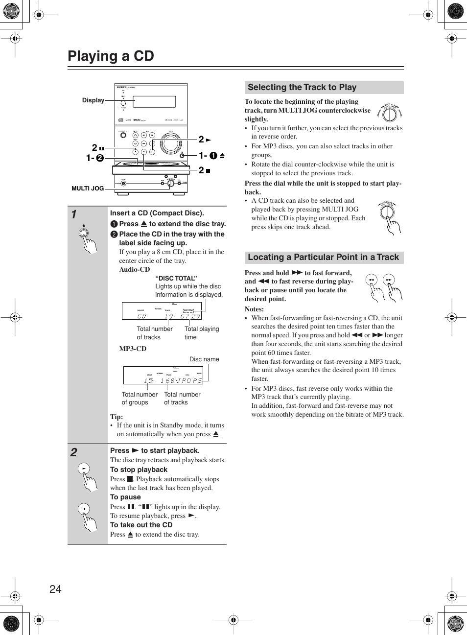 Playing a cd | Onkyo CR-B8 User Manual | Page 24 / 56