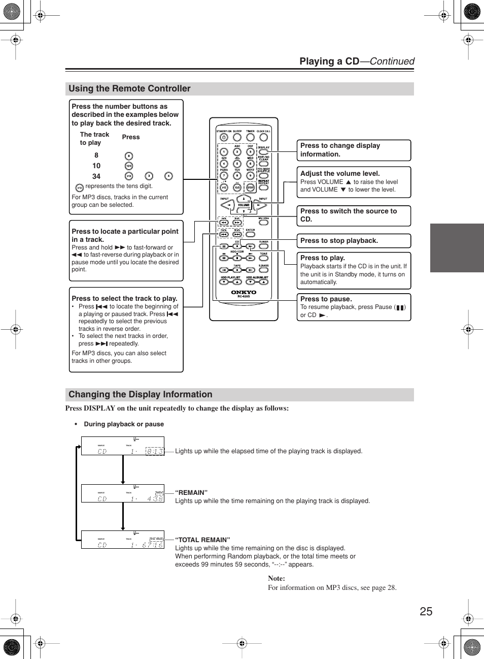 Playing a cd —continued, Using the remote controller, Changing the display information | Onkyo CR-B8 User Manual | Page 25 / 56