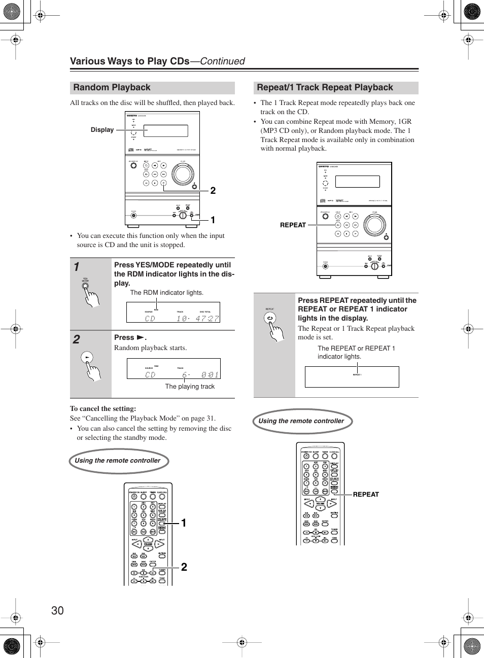 Various ways to play cds —continued | Onkyo CR-B8 User Manual | Page 30 / 56