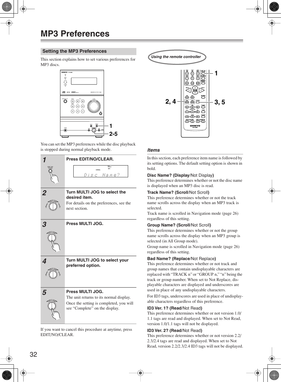 Mp3 preferences | Onkyo CR-B8 User Manual | Page 32 / 56