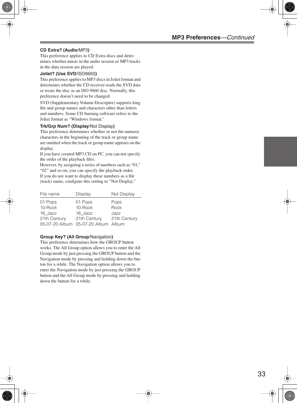 Mp3 preferences —continued | Onkyo CR-B8 User Manual | Page 33 / 56