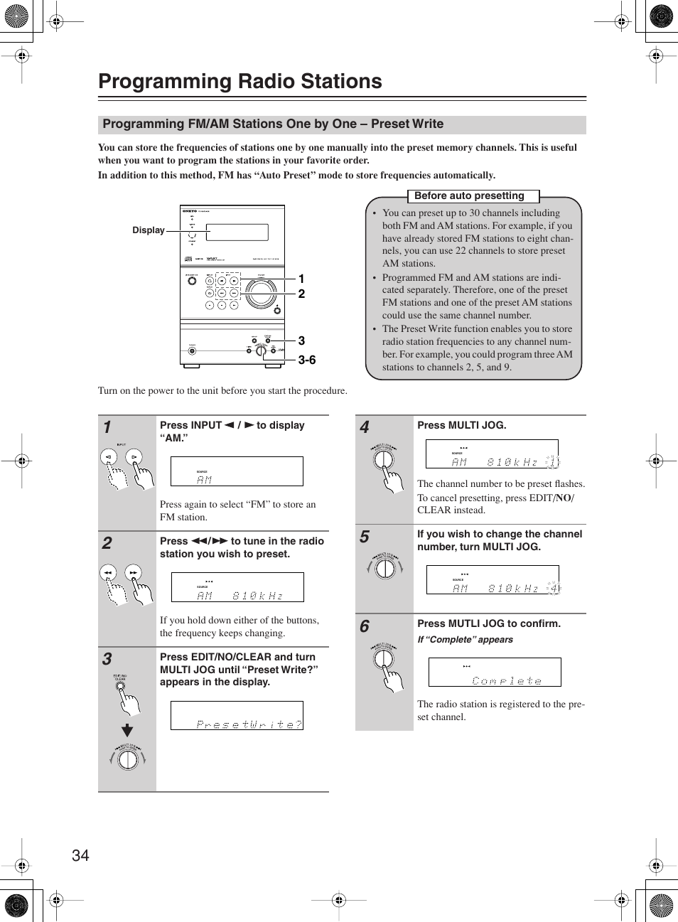 Programming radio stations | Onkyo CR-B8 User Manual | Page 34 / 56