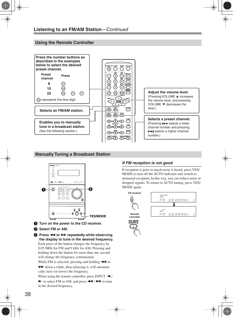Listening to an fm/am station —continued | Onkyo CR-B8 User Manual | Page 38 / 56