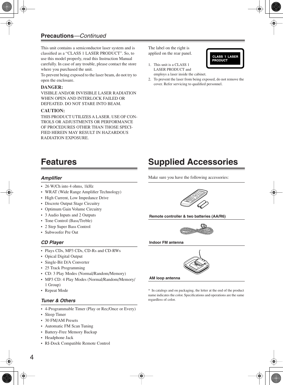 Features, Supplied accessories | Onkyo CR-B8 User Manual | Page 4 / 56