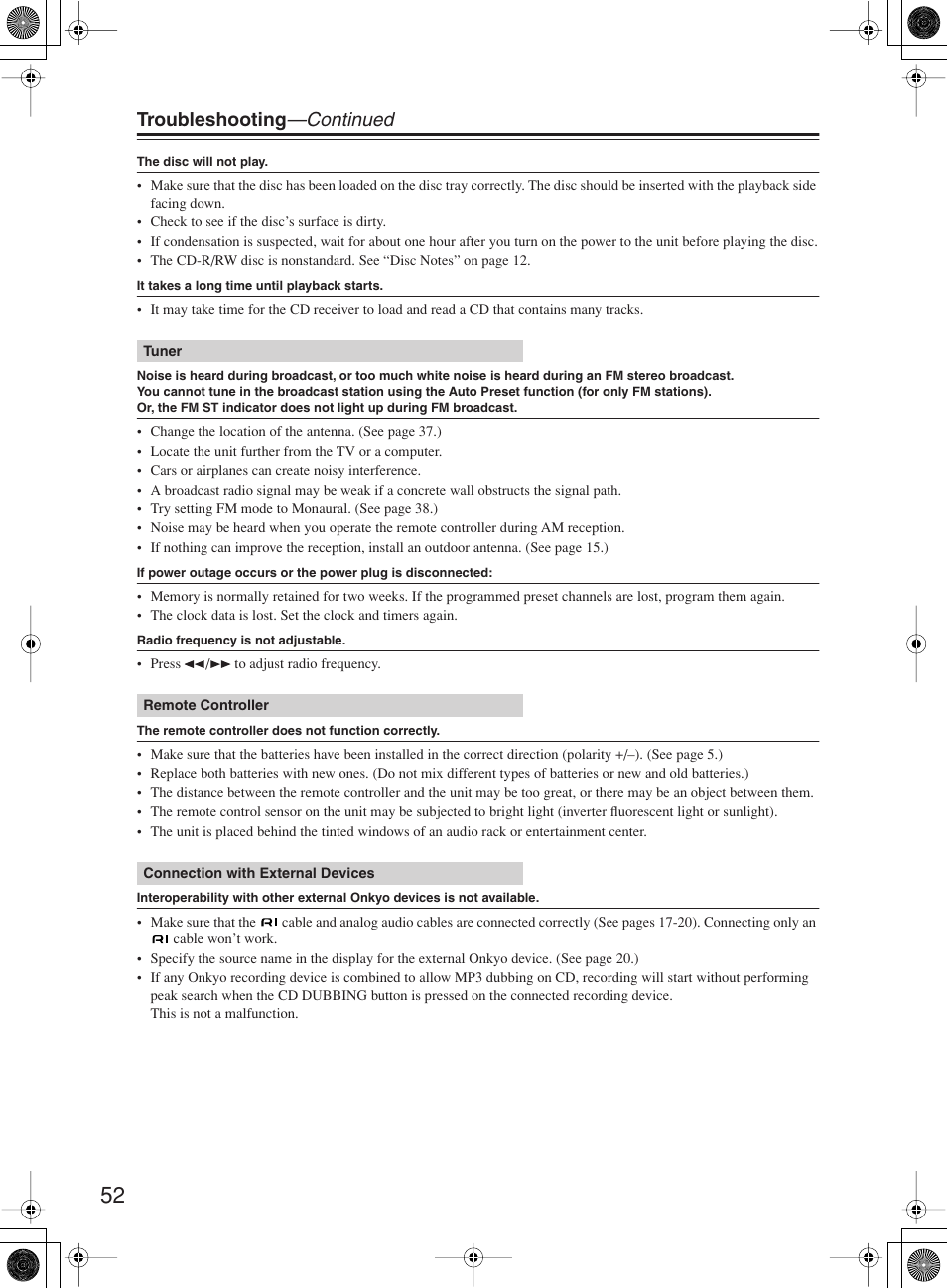 Troubleshooting —continued | Onkyo CR-B8 User Manual | Page 52 / 56