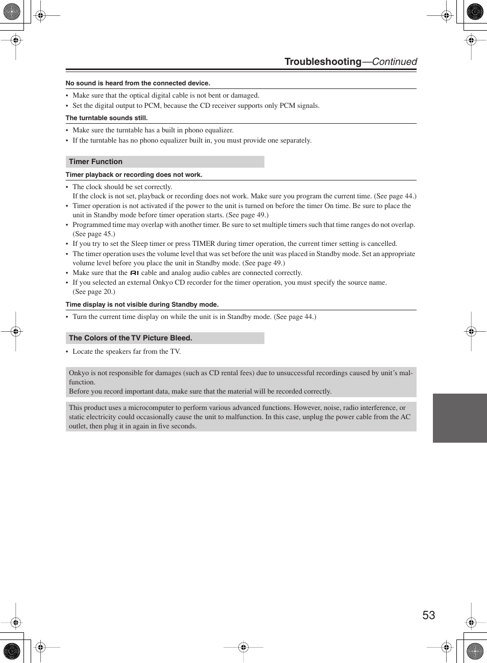 Troubleshooting —continued | Onkyo CR-B8 User Manual | Page 53 / 56