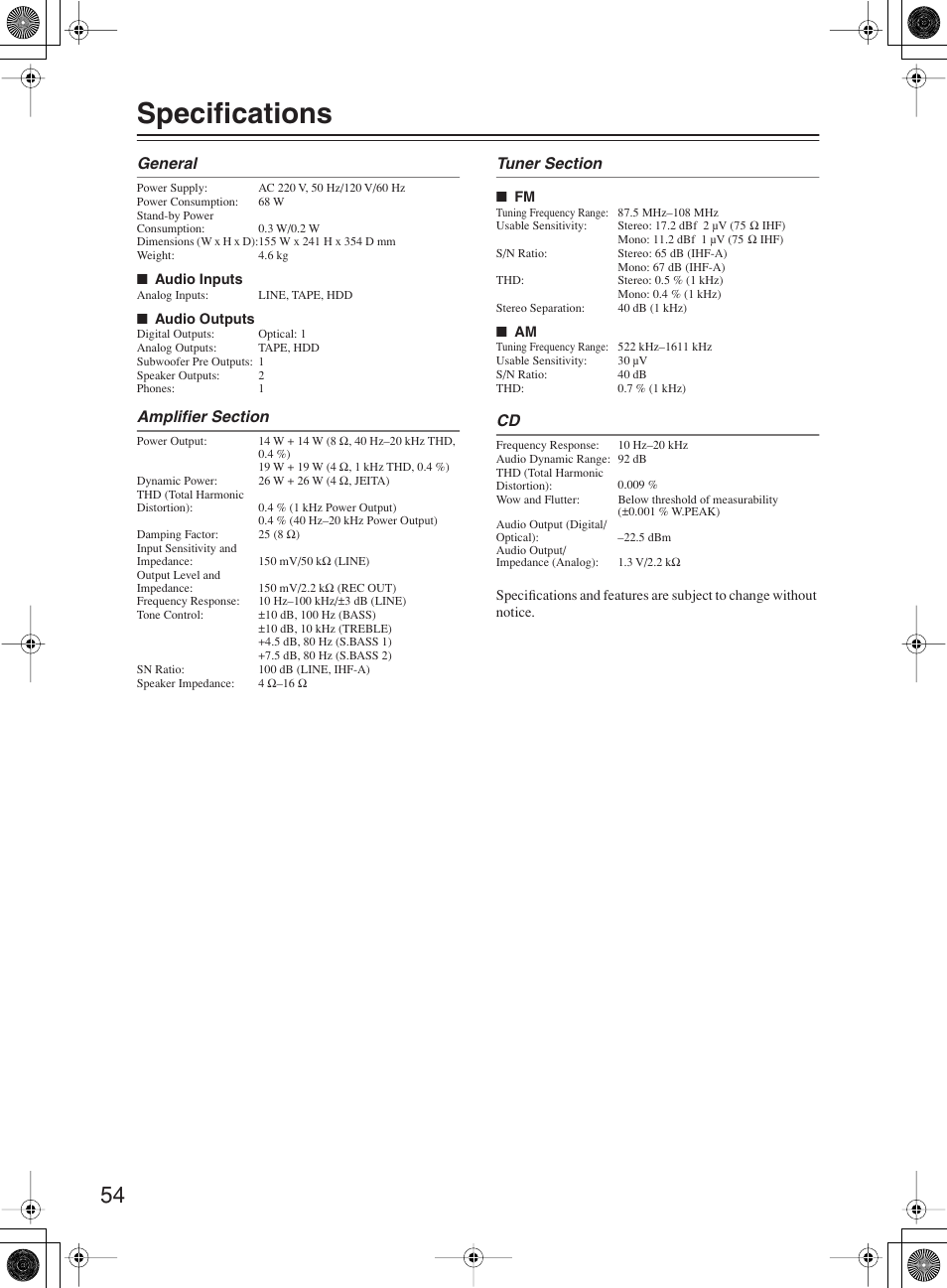 Specifications | Onkyo CR-B8 User Manual | Page 54 / 56