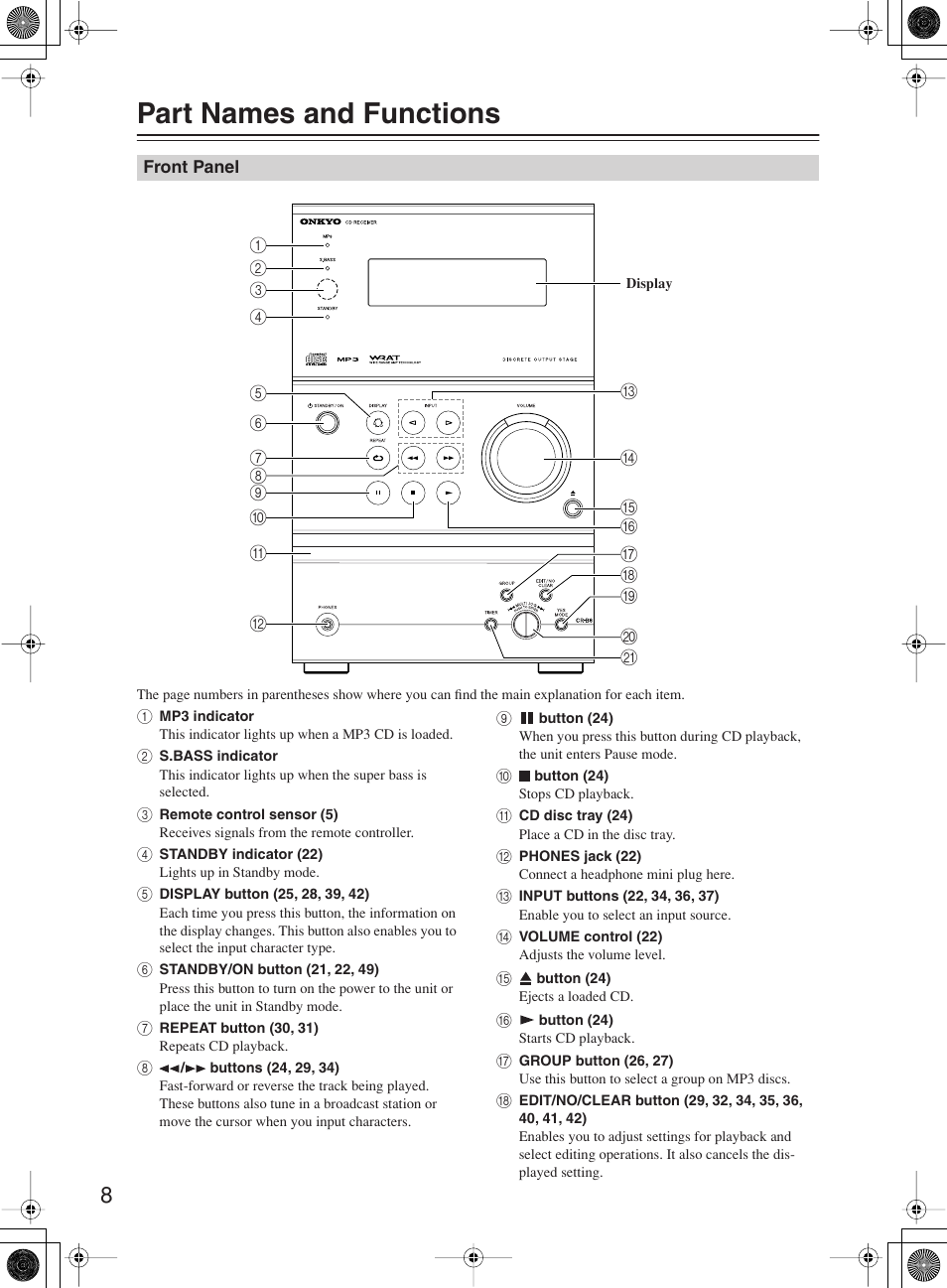 Part names and functions | Onkyo CR-B8 User Manual | Page 8 / 56