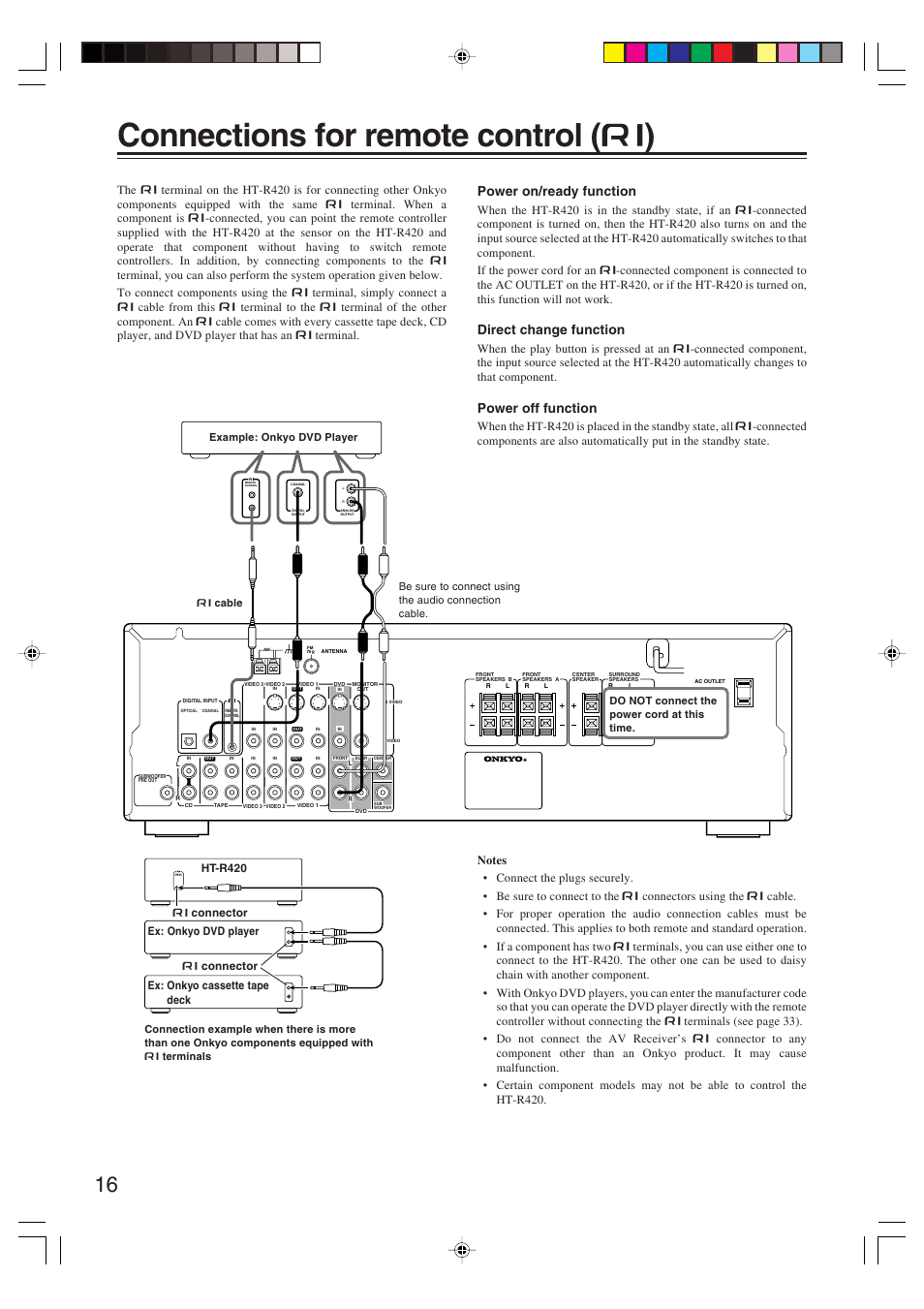 Connections for remote control ( z ), Remote control, Power on/ready function | Direct change function, Power off function, Example: onkyo dvd player, Do not connect the power cord at this time | Onkyo HT-R420 User Manual | Page 16 / 40