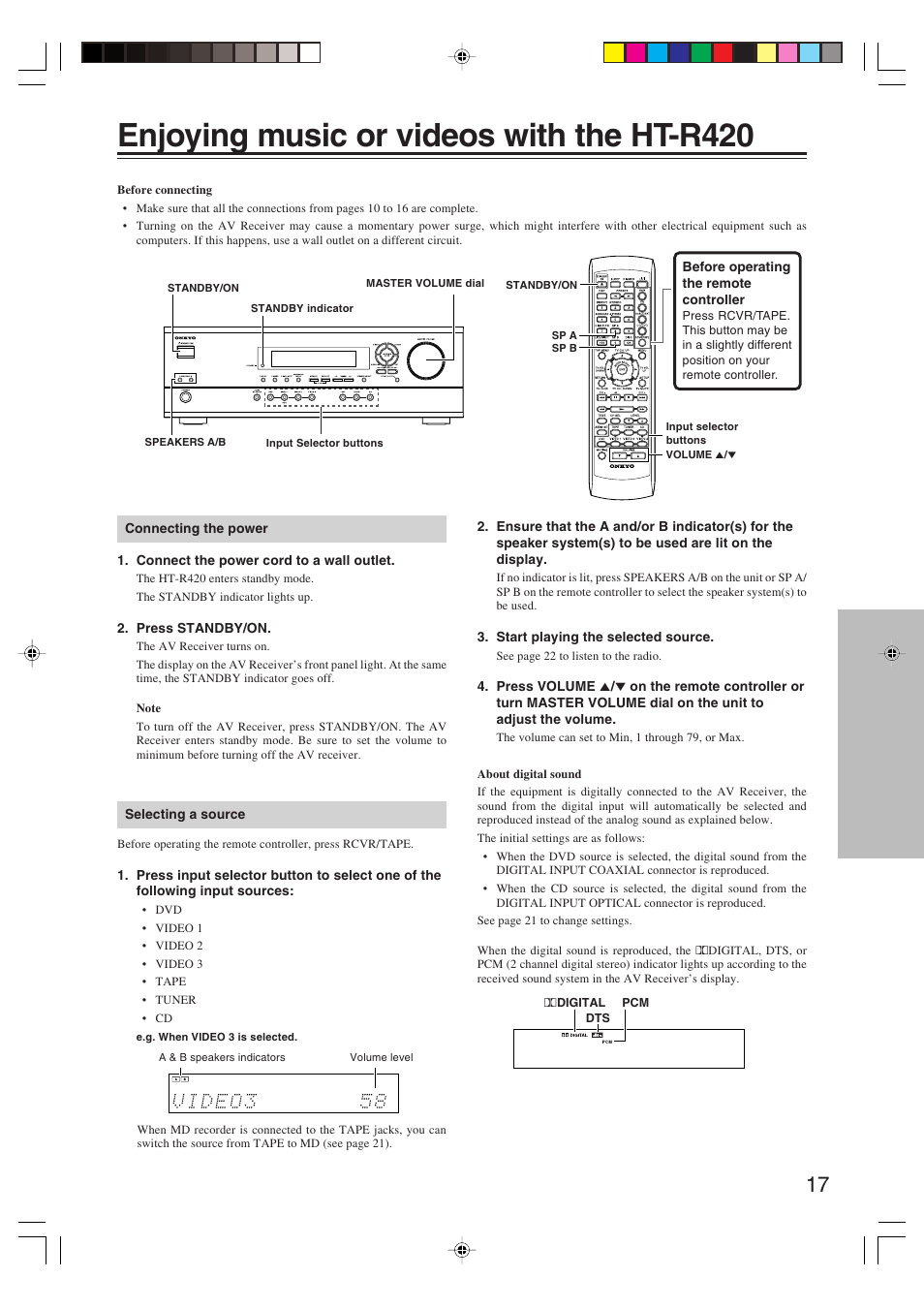 Enjoying music or videos with the ht-r420 | Onkyo HT-R420 User Manual | Page 17 / 40