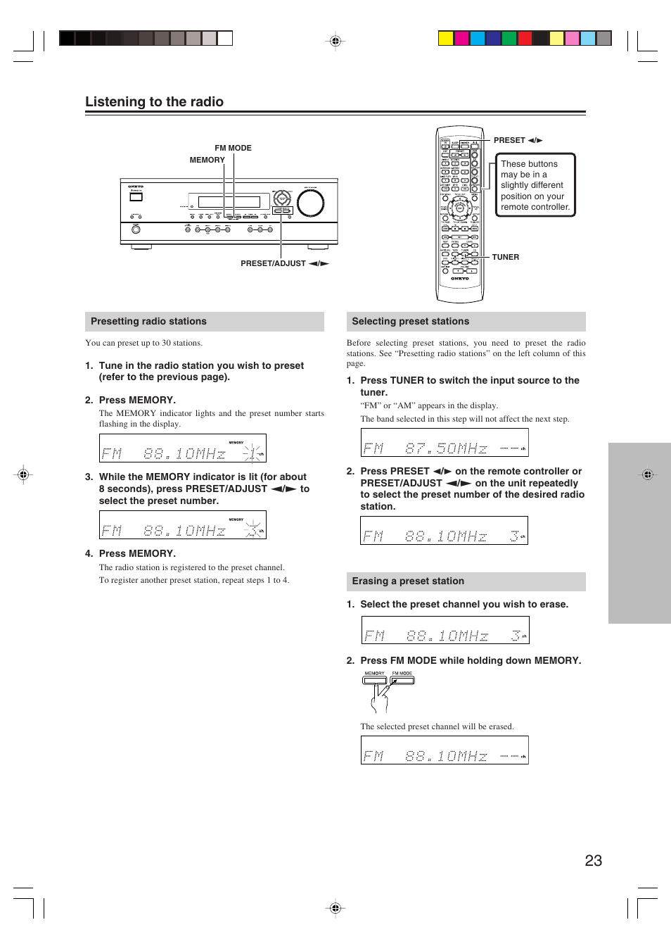 Listening to the radio | Onkyo HT-R420 User Manual | Page 23 / 40