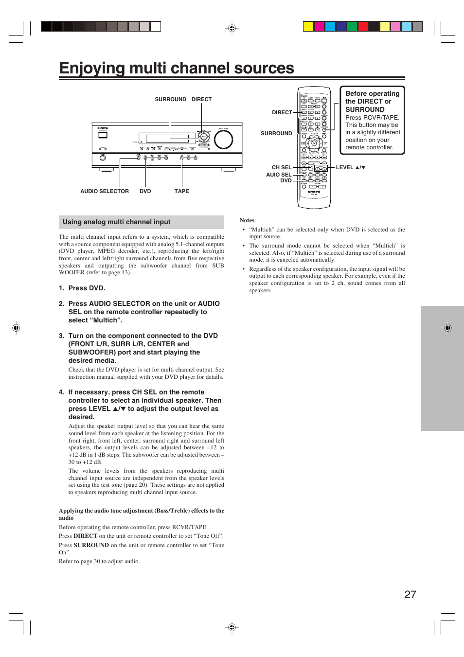 Enjoying multi channel sources | Onkyo HT-R420 User Manual | Page 27 / 40