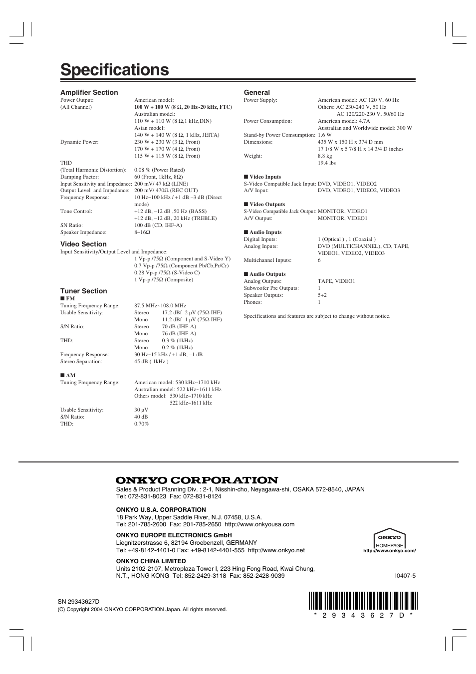 Specifications | Onkyo HT-R420 User Manual | Page 40 / 40