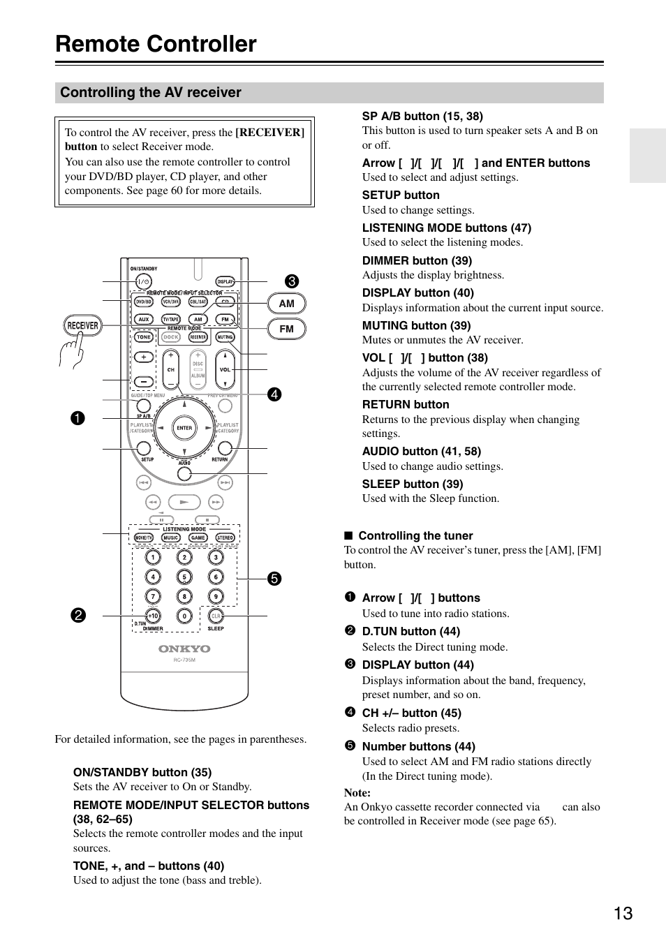 Remote controller, Controlling the av receiver | Onkyo HT S3200 User Manual | Page 13 / 72