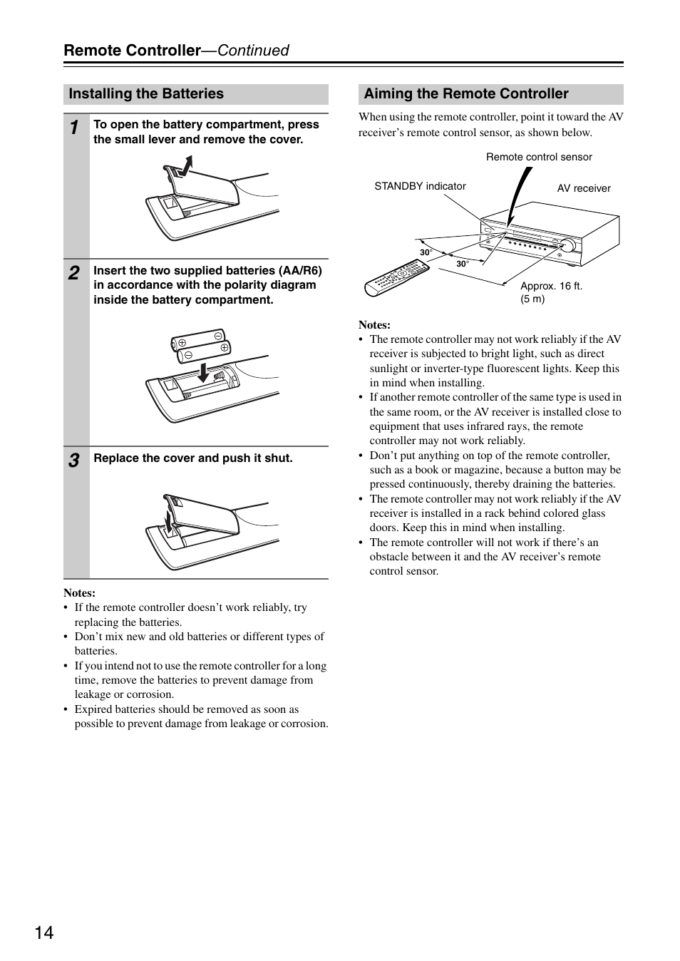 Installing the batteries, Aiming the remote controller, Remote controller —continued | Onkyo HT S3200 User Manual | Page 14 / 72