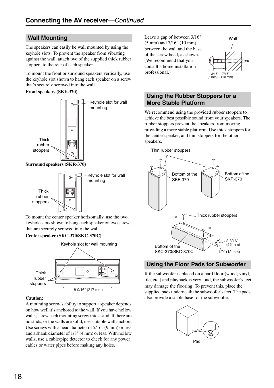 Wall mounting, Using the floor pads for subwoofer, Connecting the av receiver —continued | Onkyo HT S3200 User Manual | Page 18 / 72