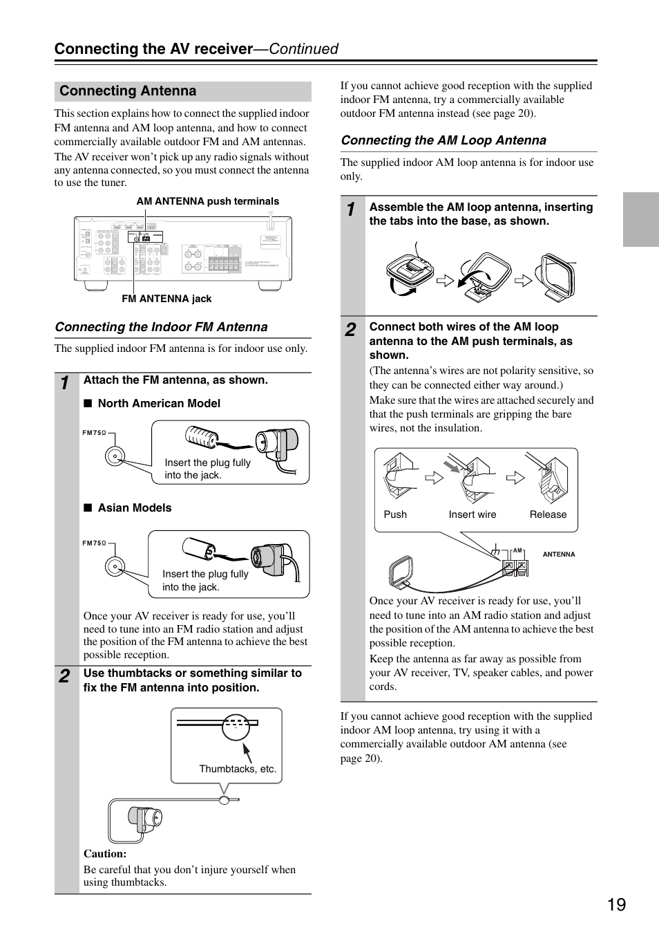 Connecting antenna, Connecting the av receiver —continued | Onkyo HT S3200 User Manual | Page 19 / 72
