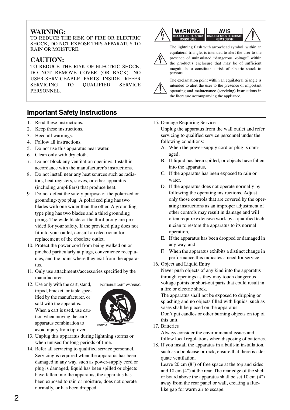 Important safety instructions, Warning, Caution | Onkyo HT S3200 User Manual | Page 2 / 72