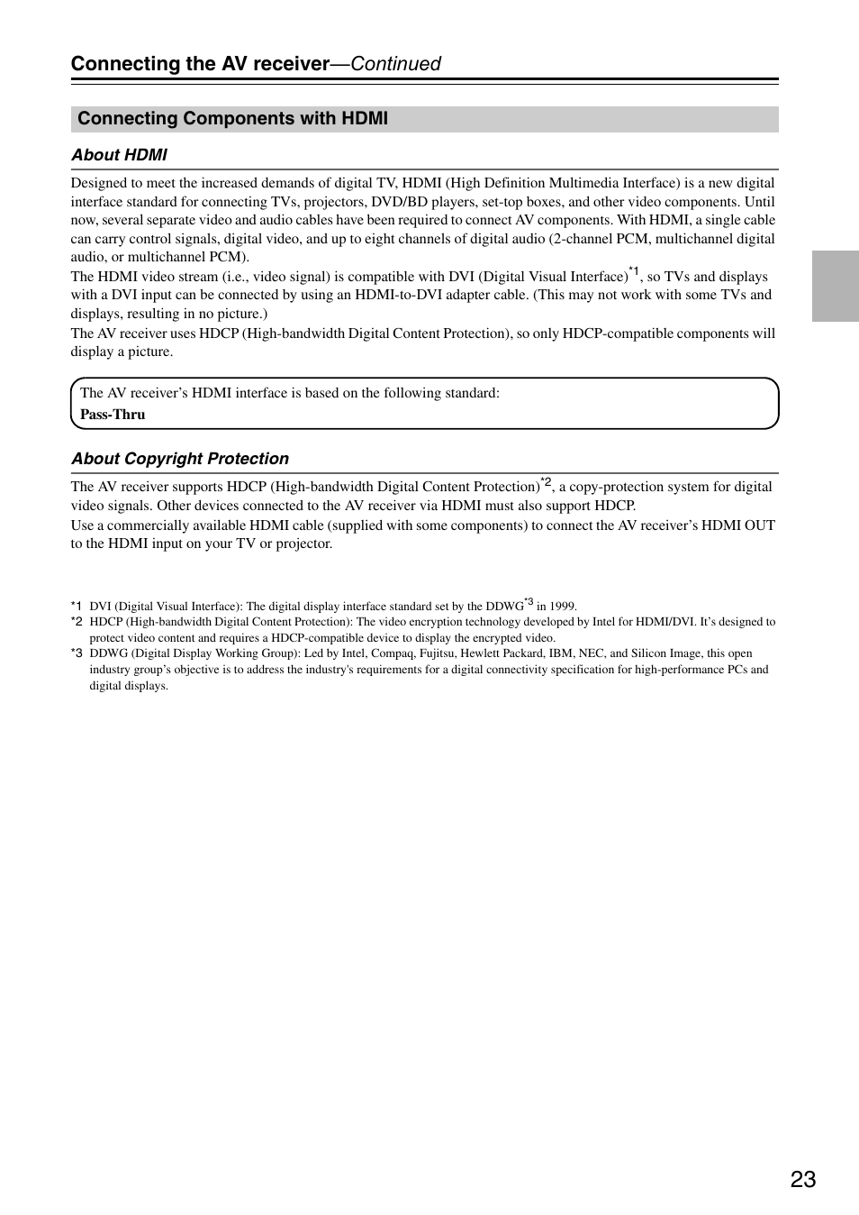 Connecting components with hdmi, Connecting the av receiver —continued | Onkyo HT S3200 User Manual | Page 23 / 72