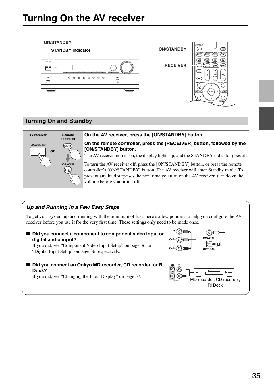 Turning on the av receiver, Turning on and standby, Tton (35) | Up and running in a few easy steps | Onkyo HT S3200 User Manual | Page 35 / 72