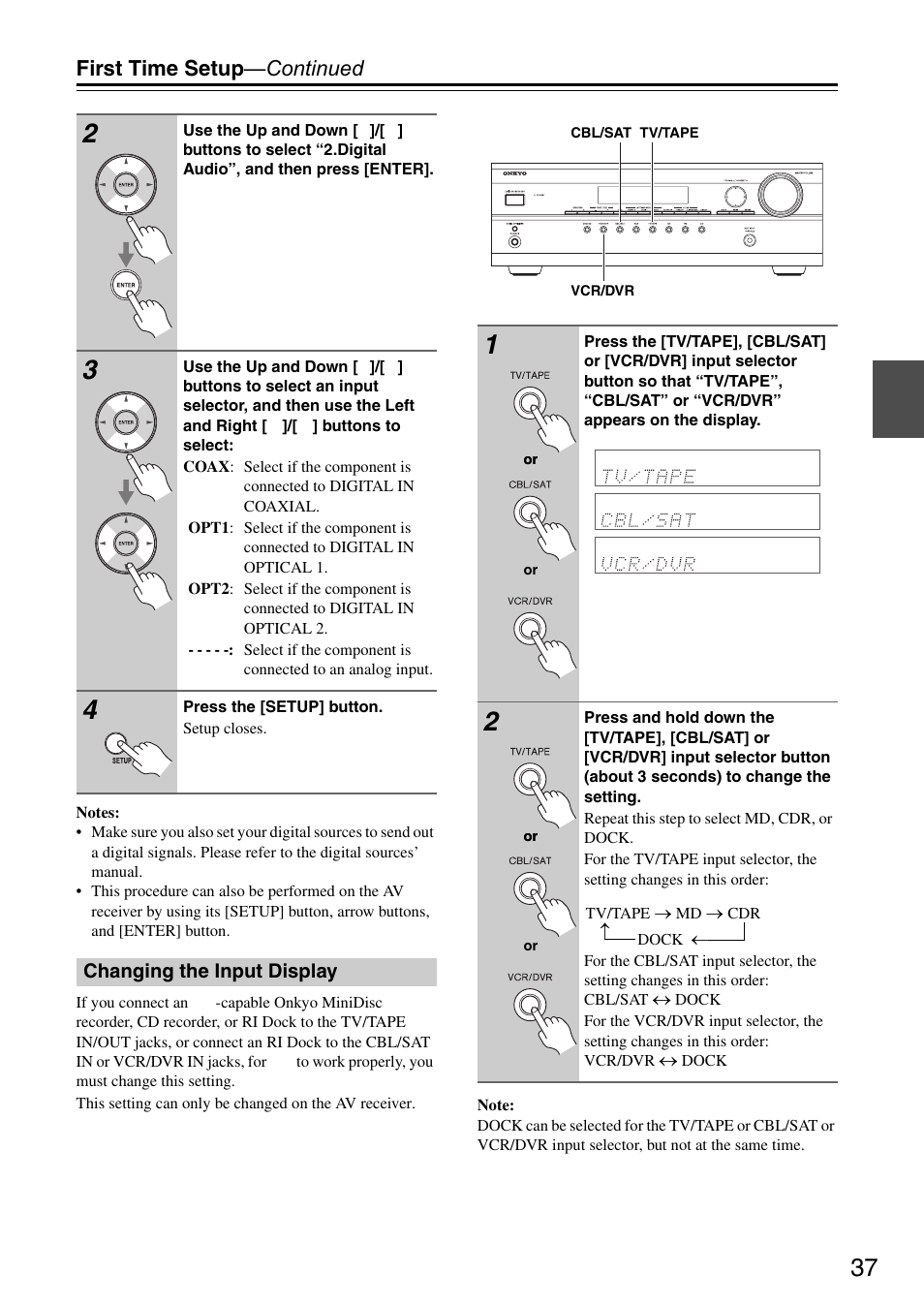 Changing the input display, First time setup —continued | Onkyo HT S3200 User Manual | Page 37 / 72
