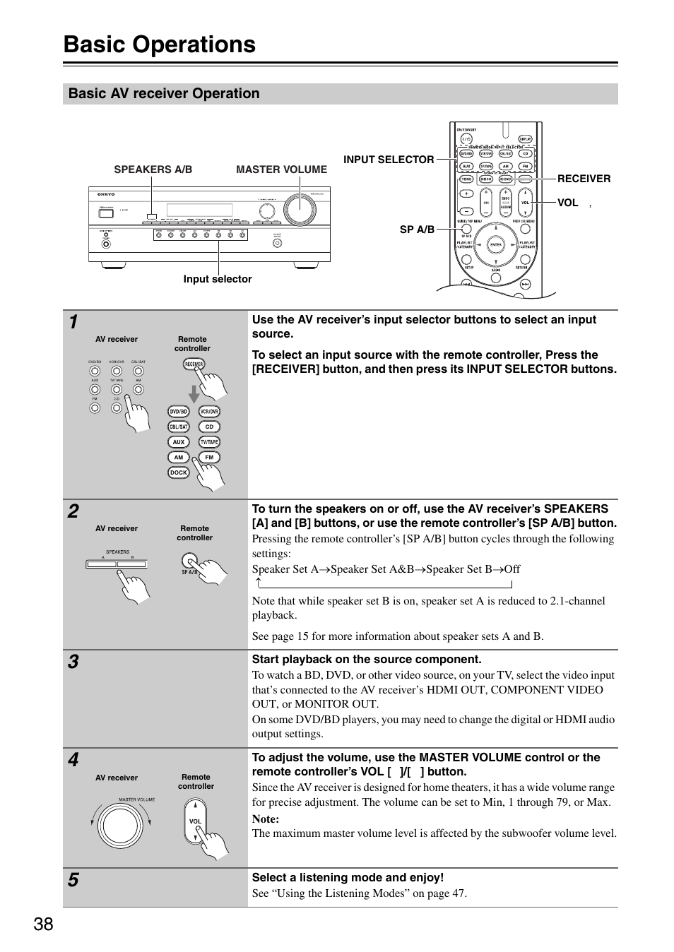 Basic operations, Basic av receiver operation, L (38) | Tton (15, 38) | Onkyo HT S3200 User Manual | Page 38 / 72