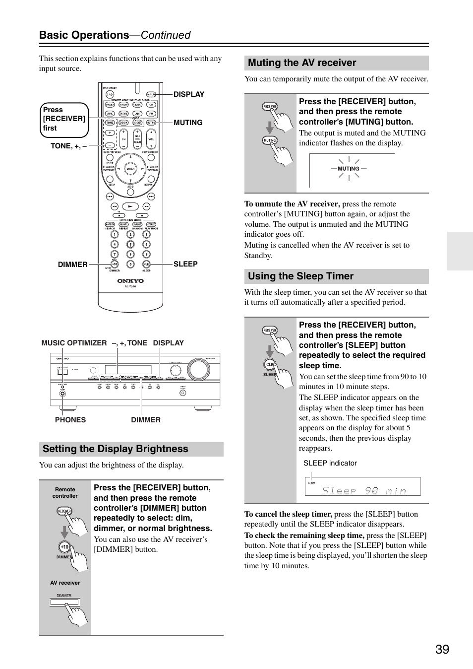 Setting the display brightness, Muting the av receiver, Using the sleep timer | Basic operations —continued | Onkyo HT S3200 User Manual | Page 39 / 72