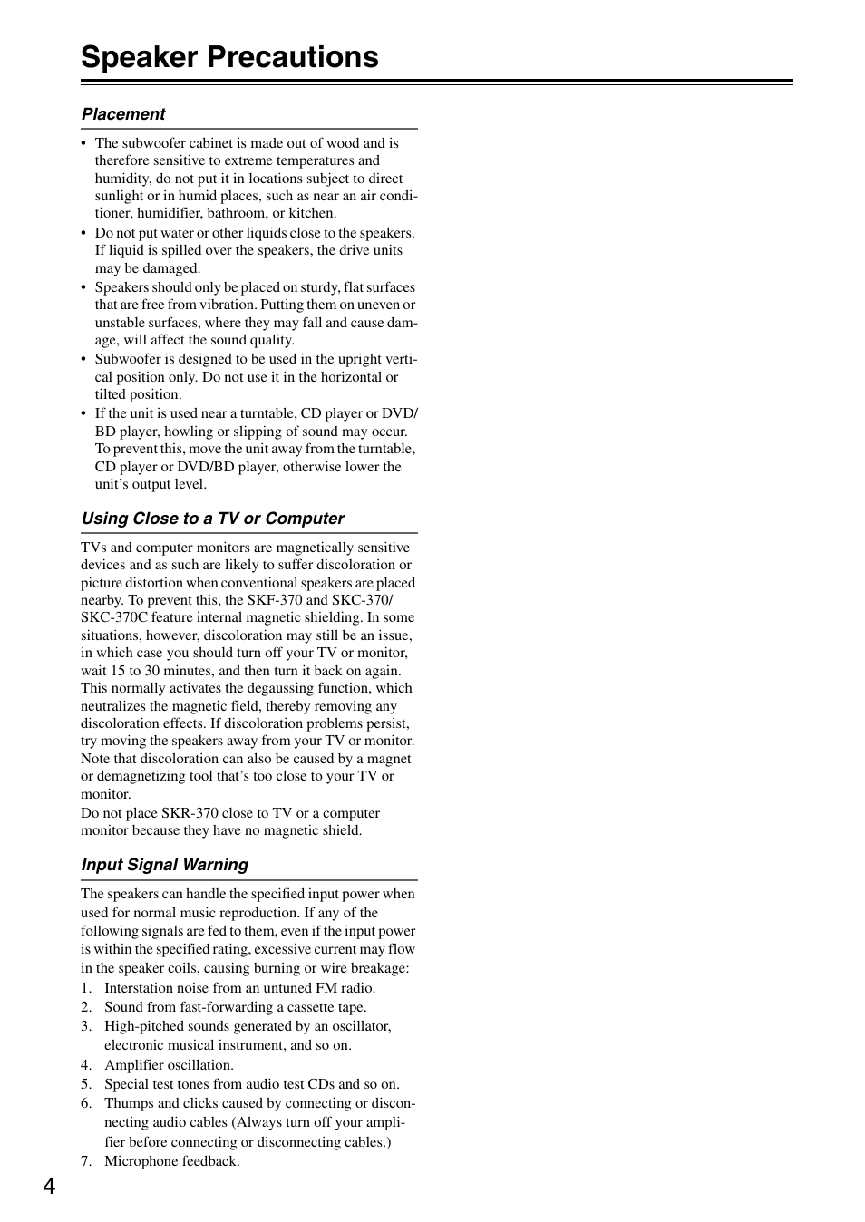 Speaker precautions | Onkyo HT S3200 User Manual | Page 4 / 72