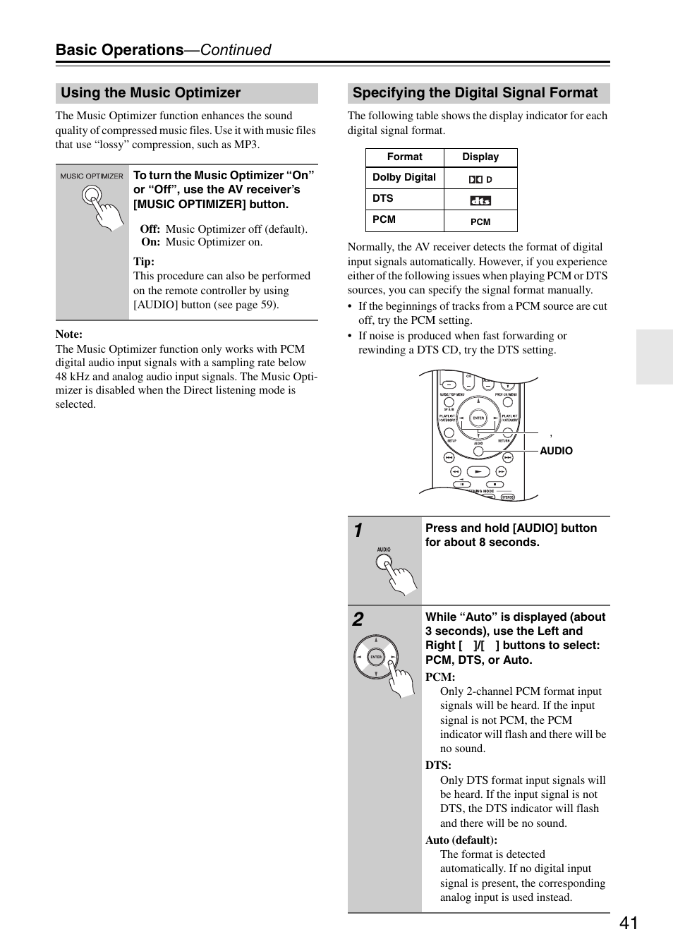 Using the music optimizer, Specifying the digital signal format, N (41 | Basic operations —continued | Onkyo HT S3200 User Manual | Page 41 / 72