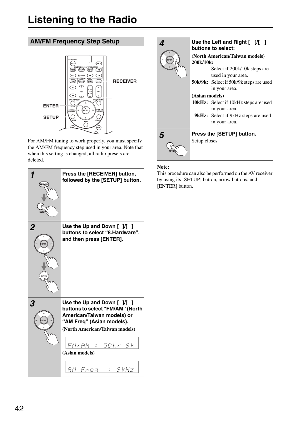 Listening to the radio, Am/fm frequency step setup | Onkyo HT S3200 User Manual | Page 42 / 72