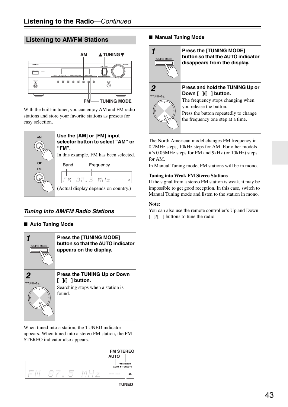 Listening to am/fm stations, D (43), Listening to the radio —continued | Onkyo HT S3200 User Manual | Page 43 / 72