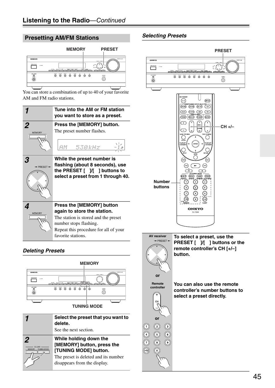 Presetting am/fm stations, Tton (45), Listening to the radio —continued | Onkyo HT S3200 User Manual | Page 45 / 72