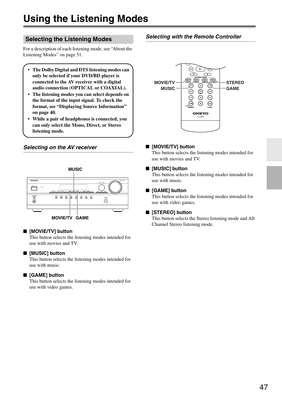 Using the listening modes, Selecting the listening modes | Onkyo HT S3200 User Manual | Page 47 / 72