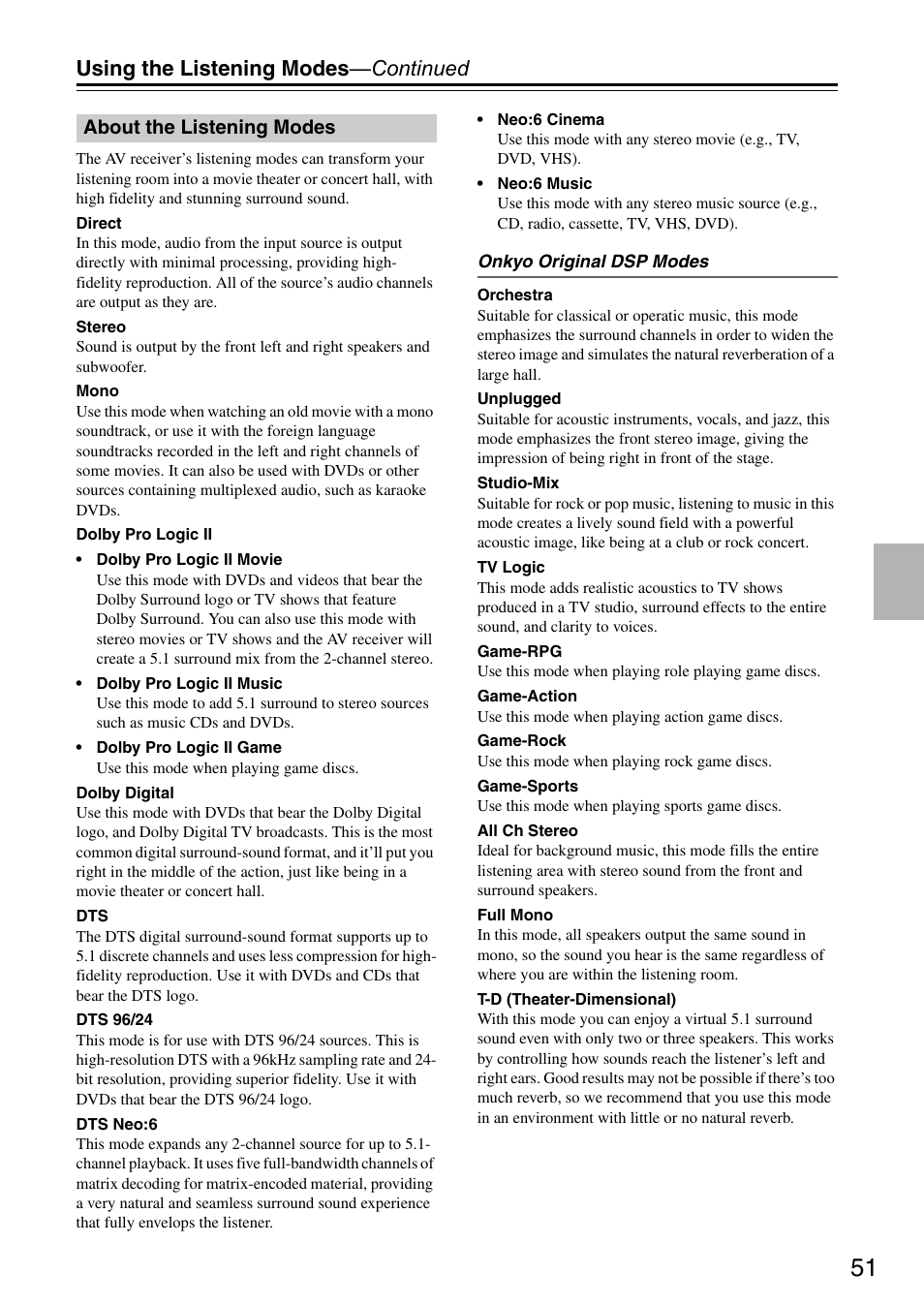 About the listening modes, Using the listening modes —continued | Onkyo HT S3200 User Manual | Page 51 / 72