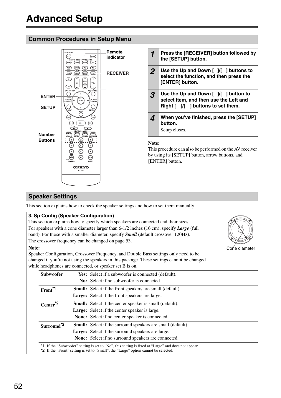 Advanced setup, Common procedures in setup menu, Speaker settings | Onkyo HT S3200 User Manual | Page 52 / 72