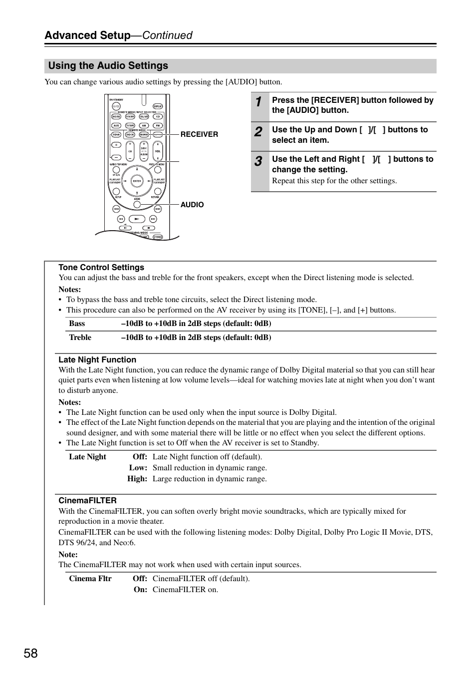 Using the audio settings, Tton (41, 58), Advanced setup —continued | Onkyo HT S3200 User Manual | Page 58 / 72
