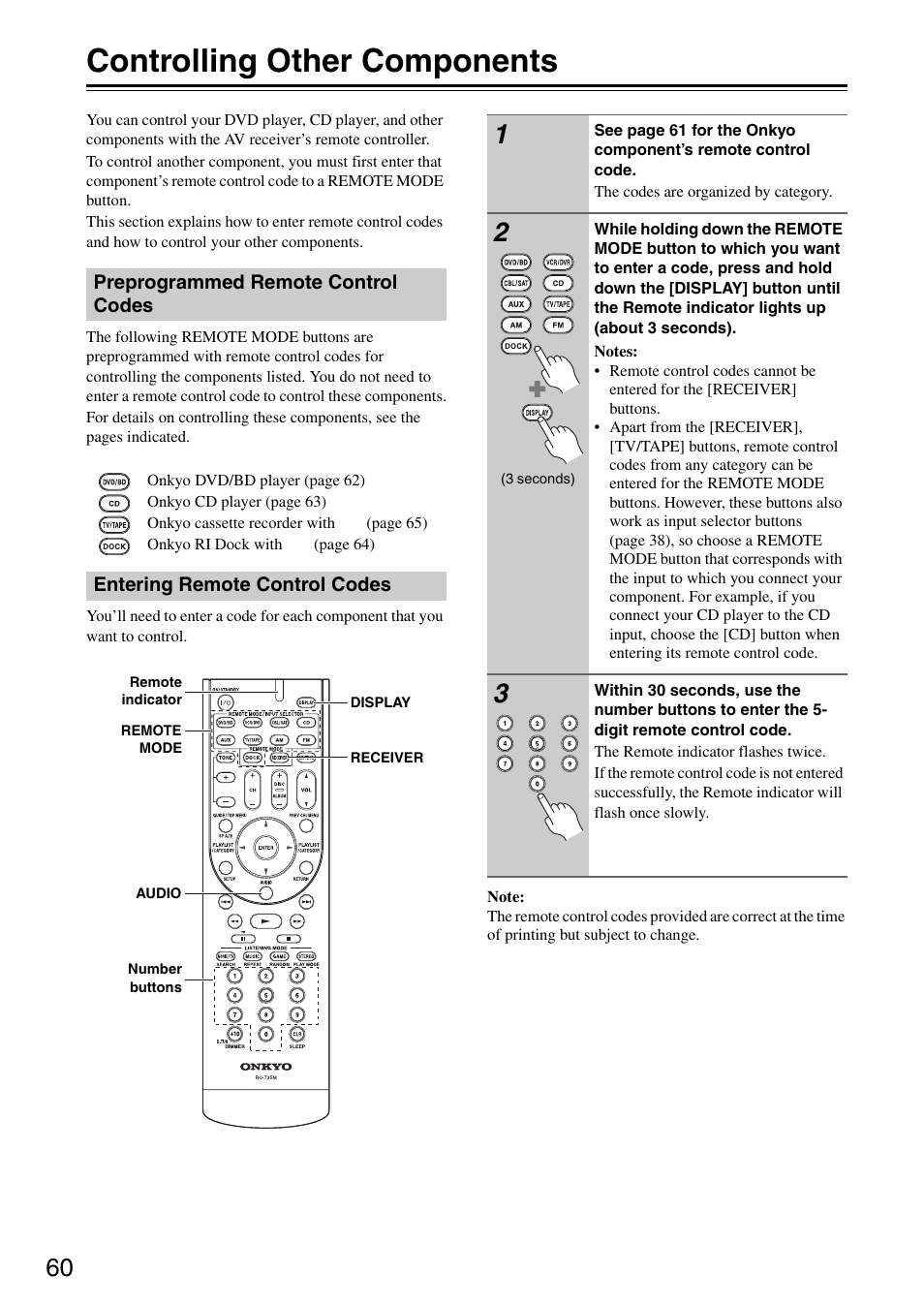 Controlling other components, Preprogrammed remote control codes, Entering remote control codes | Onkyo HT S3200 User Manual | Page 60 / 72