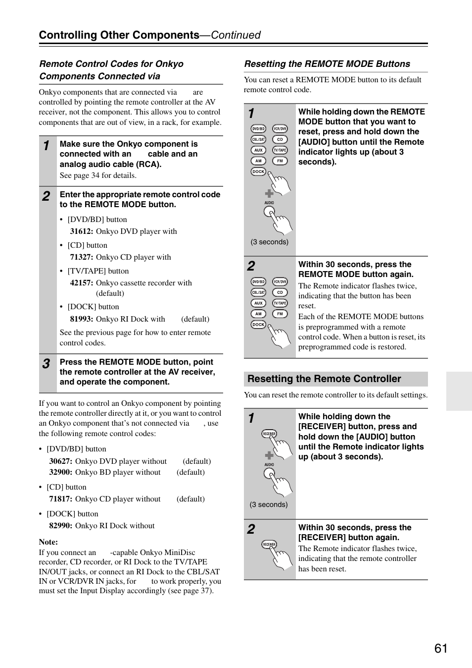 Resetting the remote controller, Controlling other components —continued | Onkyo HT S3200 User Manual | Page 61 / 72