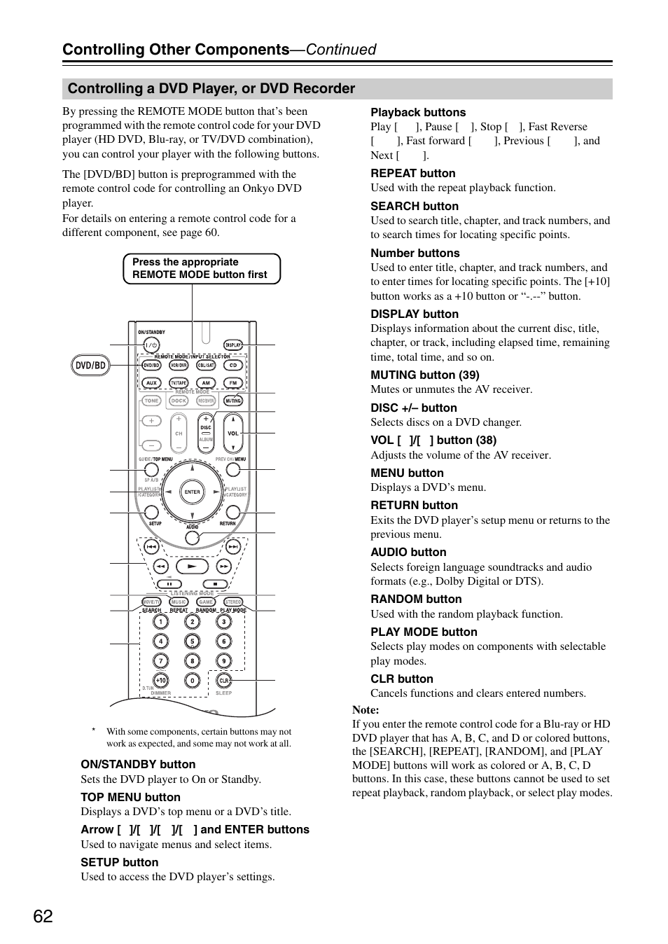 Controlling a dvd player, or dvd recorder, Controlling other components —continued | Onkyo HT S3200 User Manual | Page 62 / 72
