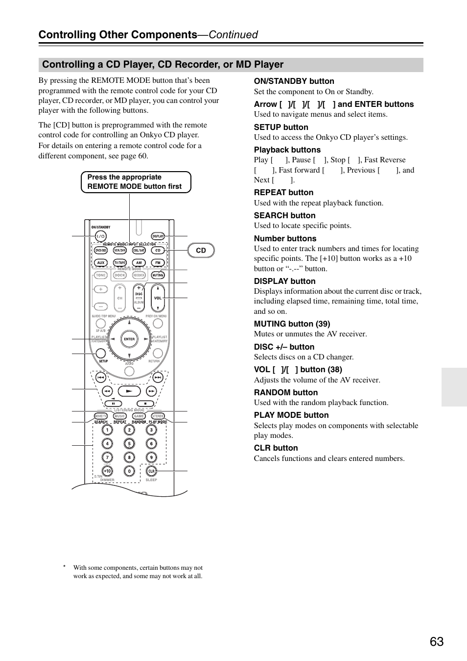 Controlling a cd player, cd recorder, or md player, Controlling other components —continued | Onkyo HT S3200 User Manual | Page 63 / 72