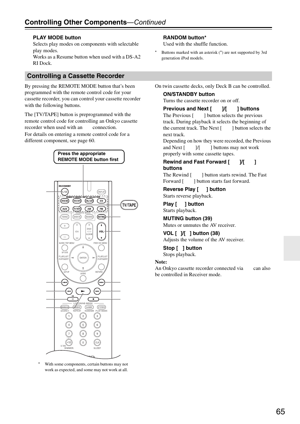 Controlling a cassette recorder, Controlling other components —continued | Onkyo HT S3200 User Manual | Page 65 / 72
