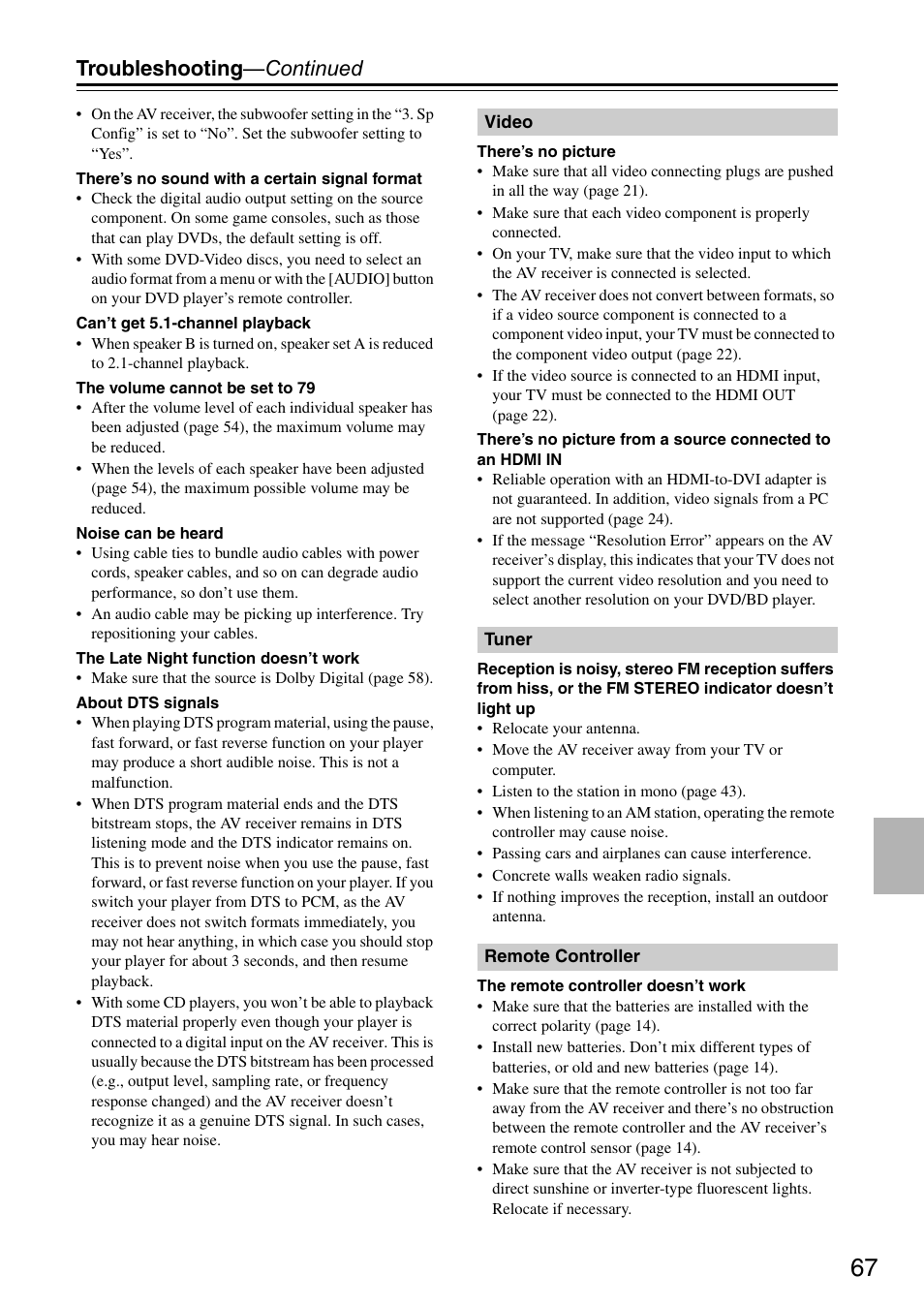 Troubleshooting —continued | Onkyo HT S3200 User Manual | Page 67 / 72