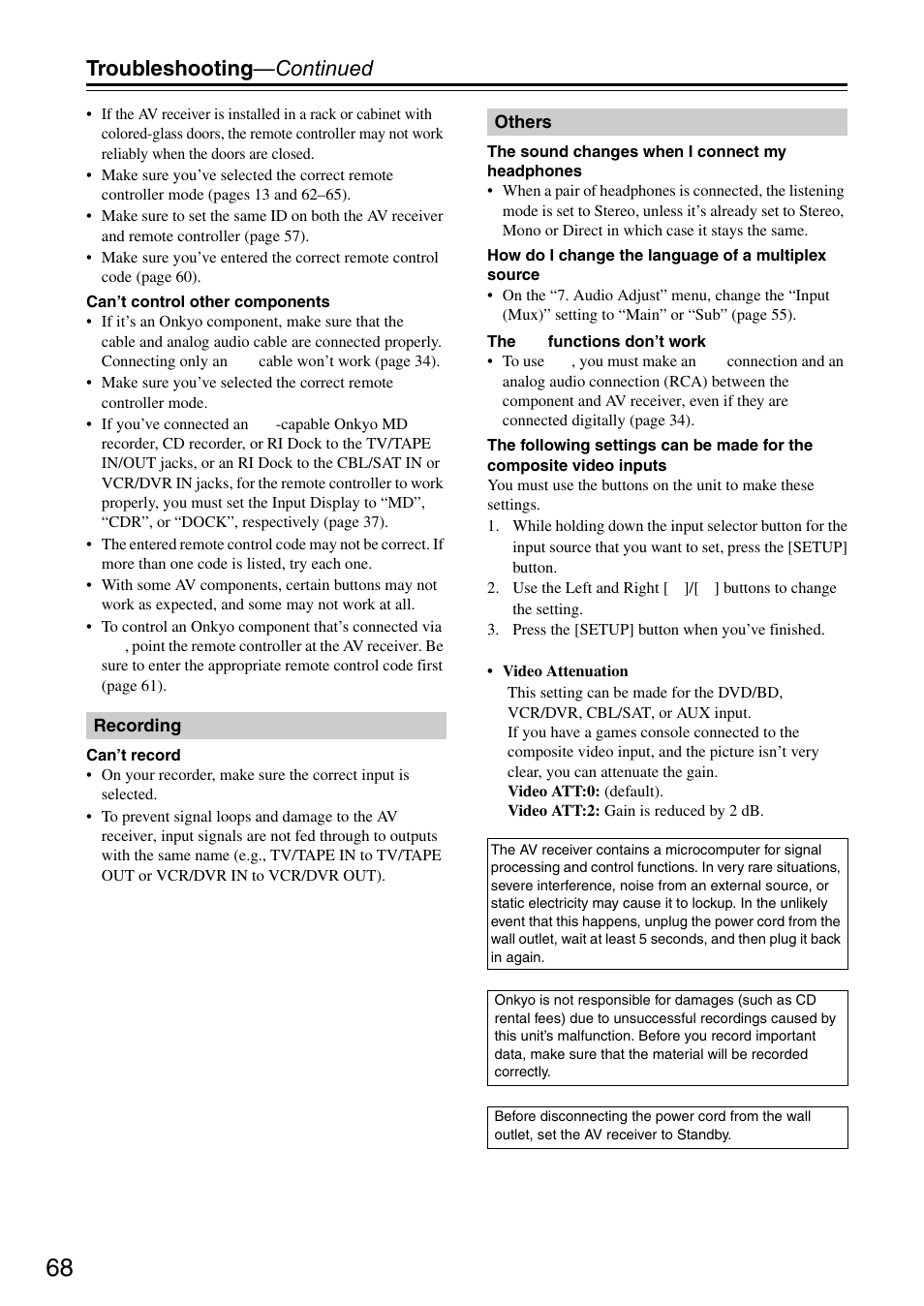 Troubleshooting —continued | Onkyo HT S3200 User Manual | Page 68 / 72